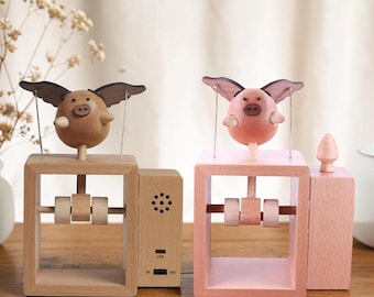 Electric Flying Pig Music Box: Kinetic Wooden Desk Toy