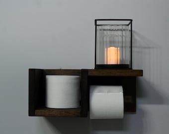 Rustic Wood Toilet Paper Holder with Shelf | Farmhouse Bathroom Decor | Wall Mounted TP Holder