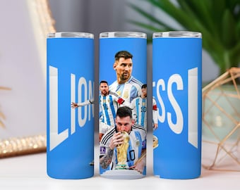 Envoltura para vaso de 20 oz de Messi, campeón de fútbol, PNG / Diseño de sublimación atlético azul y dorado / Descarga digital