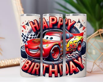 Happy Race Car Tumbler Wrap PNG: Red Sports Car, Birthday Design (Digital Download)