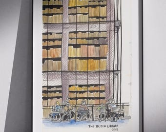 Impression jet d'encre giclée aquarelle British Library, art urbain de carnet de croquis, monuments de Londres aquarelle