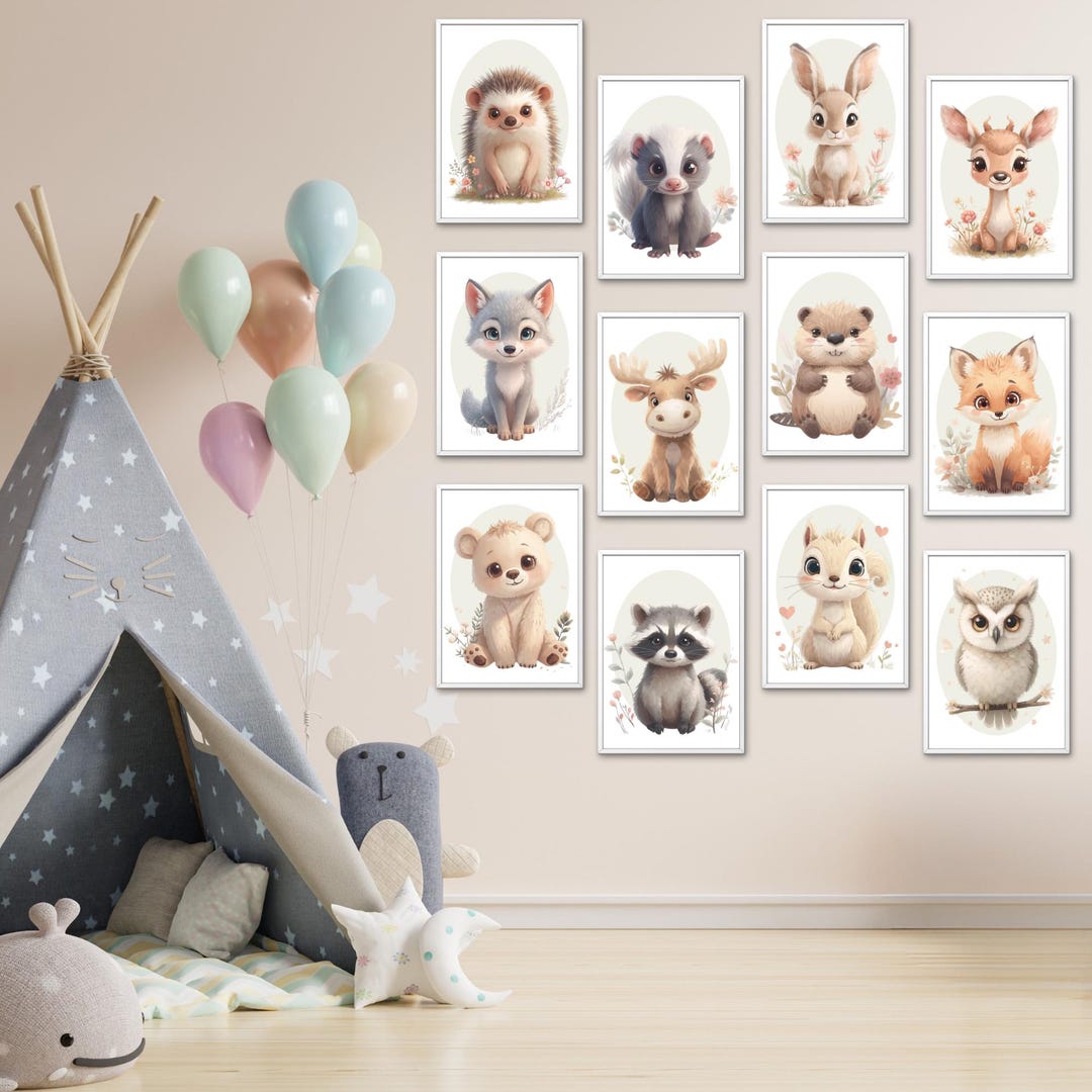 Woodland Baby Animal Nursery Prints – Set of 12 Pastel Storybook Art ...