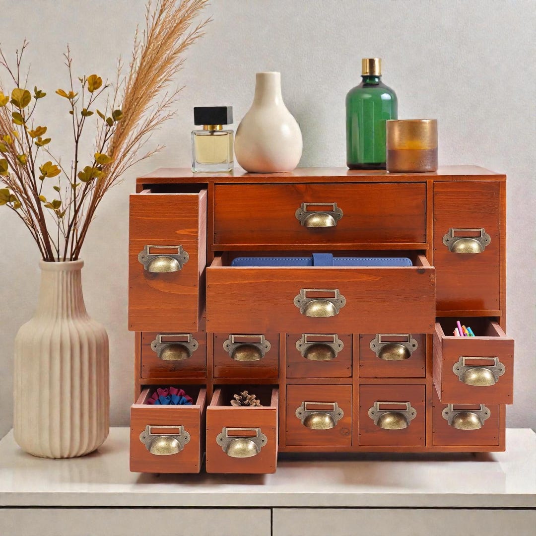 Vintage Brown Storage With Fourteen Drawers in Mixed Sizes for Home or ...