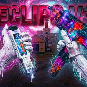 Op de afbeelding: Een afbeelding met twee futuristische wapens. Eén is een kleurrijk vuurwapen met een galaxythema, de andere is een wit en blauw apparaat met een waarschuwingslabel. Het woord "ECLIPSE V3" wordt in het rood weergegeven, tegen een ruimte-thema achtergrond.