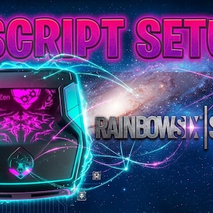 May include: A gaming setup graphic with the text "SCRIPT SETUP" in pink and purple. The image features a black and teal gaming device with a pink and purple design, and the "Rainbow Six Siege" logo.