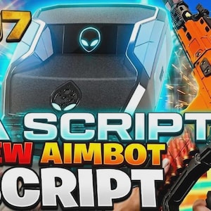 Op de afbeelding: Digitale afbeelding met de tekst "IA SCRIPT NEW AIMBOT SCRIPT". Een oranje en zwart geweer wordt op de voorgrond gehouden. Het ontwerp bevat een alien-hoofdlogo. De achtergrond heeft een futuristisch ontwerp.
