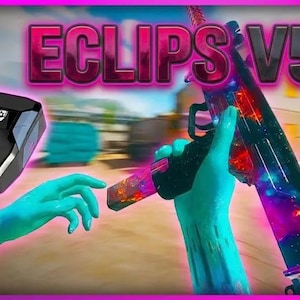 Peut inclure: Image présentant un appareil noir avec le texte "Zen" et un logo, et une arme colorée avec un design galactique. Le texte "ECLIPS V5" est affiché en rose et noir. L'image a un thème de jeu.