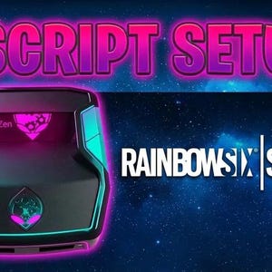 Puede incluir: Un dispositivo de juego negro y verde azulado con acentos de neón rosa, con el texto "SCRIPT SETUP" y el logotipo de "Rainbow Six Siege". El dispositivo tiene un logotipo en la parte delantera y una pantalla que dice "Zen".