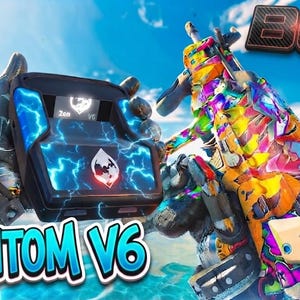 Könnte beinhalten: Ein schwarzes elektronisches Gerät mit blauem Blitzmuster und einem zentralen Logo, gehalten neben einer bunt gemusterten Schusswaffe. Der Text PHANTOM V6 ist in Blau und Weiß dargestellt, wobei die Zahl 807 in der oberen rechten Ecke zu sehen ist.