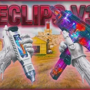 May include: The image shows two futuristic weapons, one white with blue and orange details, the other with a colourful galaxy design. The text "ECLIPSE V3" is displayed in red. The background is a blurred landscape.