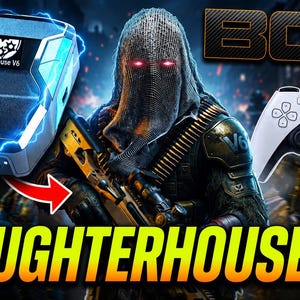 Könnte beinhalten: Ein Zen Slaughterhouse V6 Gaming-Adapter mit blauen Blitzeffekten, ein weiß-schwarzer Wireless-Controller und eine zentrale Figur mit einer Netzmaske und leuchtend roten Augen vor einem dunklen Hintergrund mit dem Text BO7.