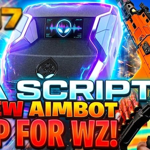 May include: A digital graphic featuring a bright orange rifle with a scope, a dark purple gaming computer tower with an alien logo, and bold text that reads B07 WZ, IA SCRIPT, NEW AIMBOT, and OP FOR WZ! against a vibrant blue background.