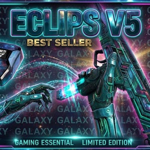 Op de afbeelding: Een promotieafbeelding voor een gamingproduct, met de tekst "ECLIPS V5 BEST SELLER" in een futuristisch lettertype. De afbeelding bevat een controller en een futuristisch wapen met een galaxiethema, met de woorden "GAMING ESSENTIAL LIMITED EDITION".