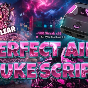 May include: Image features a black and pink gaming device with the text "Zen" and "Perfect Aim Nuke Script." The background has a skull and wings graphic with the word "Nuclear."