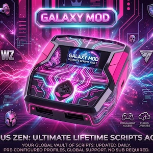 Op de afbeelding: Een futuristisch gaming-apparaat met een roze en zwart ontwerp, met de tekst "GALAXY MOD" en "CRONUS ZEN". Het apparaat heeft een scherm met "GALAXY MOD ULTIMATE SCRIPTS VAULT" en is omgeven door neonblauwe en roze lijnen.