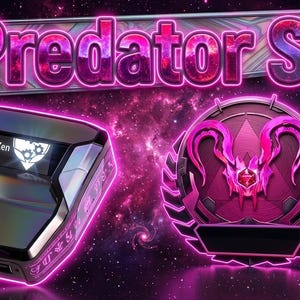 Op de afbeelding: Futuristisch ontwerp met de tekst "Predator S28" in roze neon. De afbeelding toont een zwart apparaat met een scherm met een logo en een cirkelvormig embleem met een roze ramshoofd ontwerp, tegen een kosmische achtergrond.