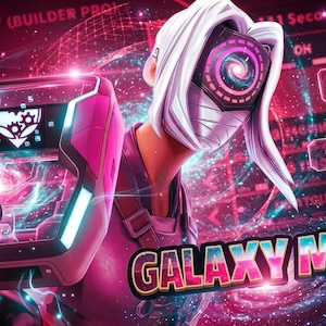 May include: Digital art featuring a futuristic character with white hair and a mask, holding a pink and black device. The image has a space theme with the text "GALAXY MOD" and other digital elements in a vibrant pink and blue color scheme.