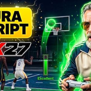 May include: A digital graphic for NBA 2K27 featuring the text LURA SCRIPT, a basketball game scene, and an older individual with a beard wearing sunglasses and a track jacket while holding a white game controller near a console.