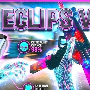 Puede incluir: Imagen con el texto "ECLIPS V6" en degradado rosa y azul. Un dispositivo negro con pantalla a la izquierda. Un arma con diseño galáctico a la derecha. Gráficos que indican probabilidad de golpe crítico y reducción de retroceso.
