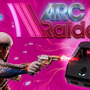 May include: Promotional image for "ARC Raiders" showing futuristic characters in helmets and gear, one aiming a gun. A black device with a red display is in the foreground. The background is a vibrant pink with the game's logo.