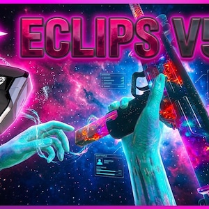 May include: Digital art featuring the text "ECLIPS V5" in pink and black. A black device with a logo and a futuristic gun are held by glowing hands against a cosmic background. The image has a vibrant, neon color scheme.