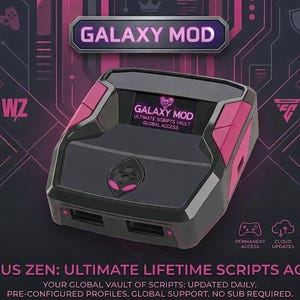 Puede incluir: Un dispositivo de juego negro y rosa con el texto "GALAXY MOD" y "CRONUS ZEN: ULTIMATE LIFETIME SCRIPTS ACCESS". El dispositivo tiene dos puertos USB y una pantalla que muestra "GALAXY MOD". El fondo es oscuro con acentos rosas.