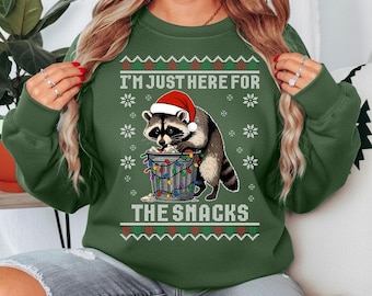 Funny Raccoon Christmas Sweatshirt, Snack Lover Ugly Holiday Crewneck Sweater, Cute Trash Panda Shirt for Men Women, Funny Xmas Gift Idea