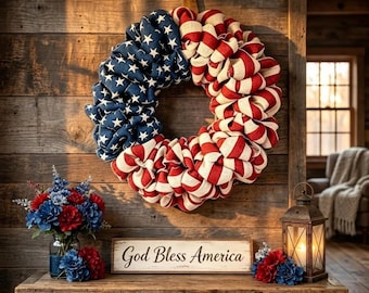Red White Blue Burlap Wreath, USA 250th Anniversary Wreath, Patriotic Stars & Stripes Red White Blue Farmhouse Burlap Hanger