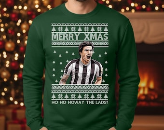 Funny Newcastle Football Christmas Sweatshirt, Howay The Lads Inspired Jumper, Festive Soccer Fan Holiday Sweater Gift for Men and Women