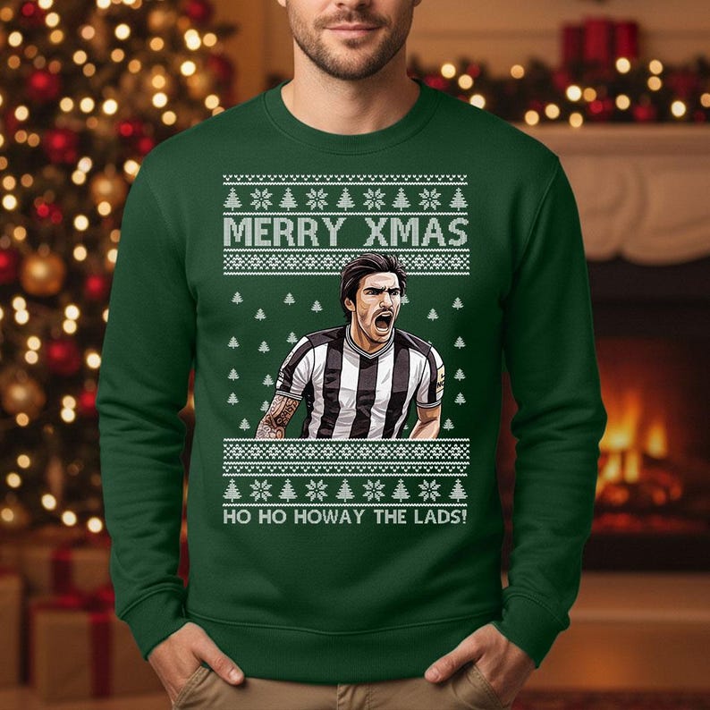 Funny Newcastle Football Christmas Sweatshirt, Howay The Lads Inspired Jumper, Festive Soccer Fan Holiday Sweater Gift for Men and Women