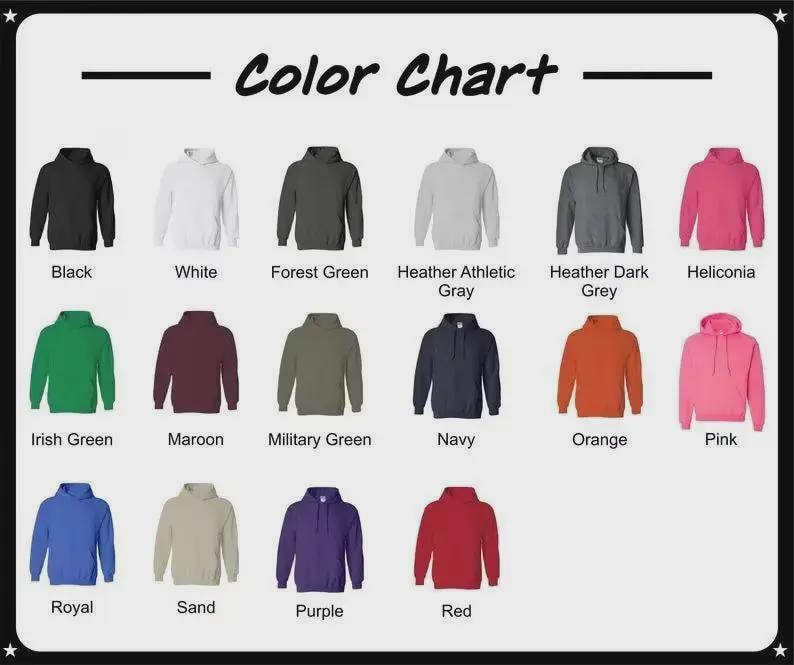 May include: A color chart displaying various hoodie colors, including black, white, forest green, heather athletic gray, heather dark grey, and heliconia. Additional colors are Irish green, maroon, military green, navy, orange, pink, royal, sand, purple, and red.
