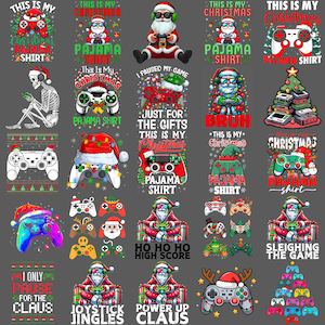 Könnte beinhalten: Eine Sammlung von weihnachtlichen Grafikdesigns mit Videospiel-Controllern, dem Weihnachtsmann und festlichem Text. Designs beinhalten Sätze wie "This is my Christmas Pajama Shirt" und "Ho Ho Ho High Score."