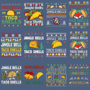 May include: A selection of festive designs with tacos and the text "Jingle Bells" and "Taco Shells." The designs include Christmas trees, bells, and snowflakes, set against a blue background. The tacos are illustrated in different styles.