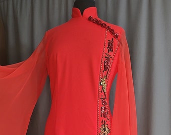 1970s Albert Sheehan Cheongsam Dress in Coral Red with Red and Gold sequence