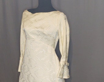 Vintage 1960s Alfred Angelo Ivory Wedding Gown Designed by Edythe Vincent Ivory Damask with Bell Cuffs Pearl embellishments