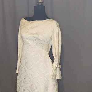 Vintage 1960s Alfred Angelo Ivory Wedding Gown Designed by Edythe Vincent Ivory Damask with Bell Cuffs Pearl embellishments image 1