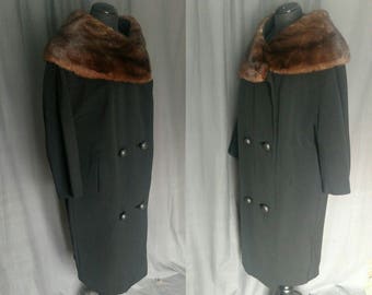 1960s Len Artel Dress Coat - Harris Furs NY Black wool Chestnut Brown Mink collar / 60s Black Wool Cocoon Shape Coat / Medium - Large