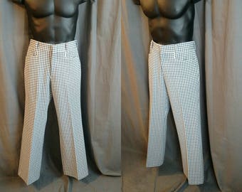 1970s Levi's Panatela Pants for men /70s Poly Pants by Levi's / Blue and White with Black Checkered Flat Front Slacks