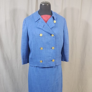 1960s Miller and Levine vintage Blue 3 piece summer suit, skirt, bolero jacket and top in blue, red and white trim with bow. image 1