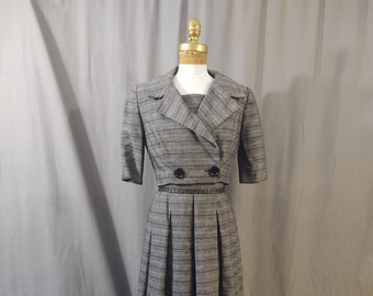 Vintage 1950 fit and flare gray and black plaid dress by De Pinna with bolero jacket