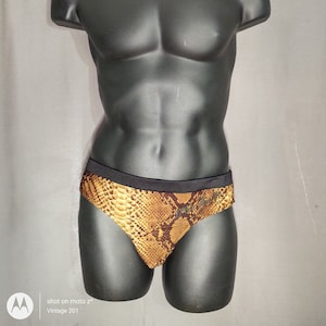 May include: A pair of brown and black patterned swim trunks with a black waistband. The pattern resembles a snake skin.