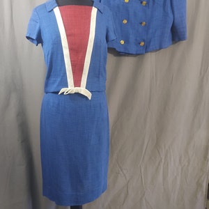 1960s Miller and Levine vintage Blue 3 piece summer suit, skirt, bolero jacket and top in blue, red and white trim with bow. image 8