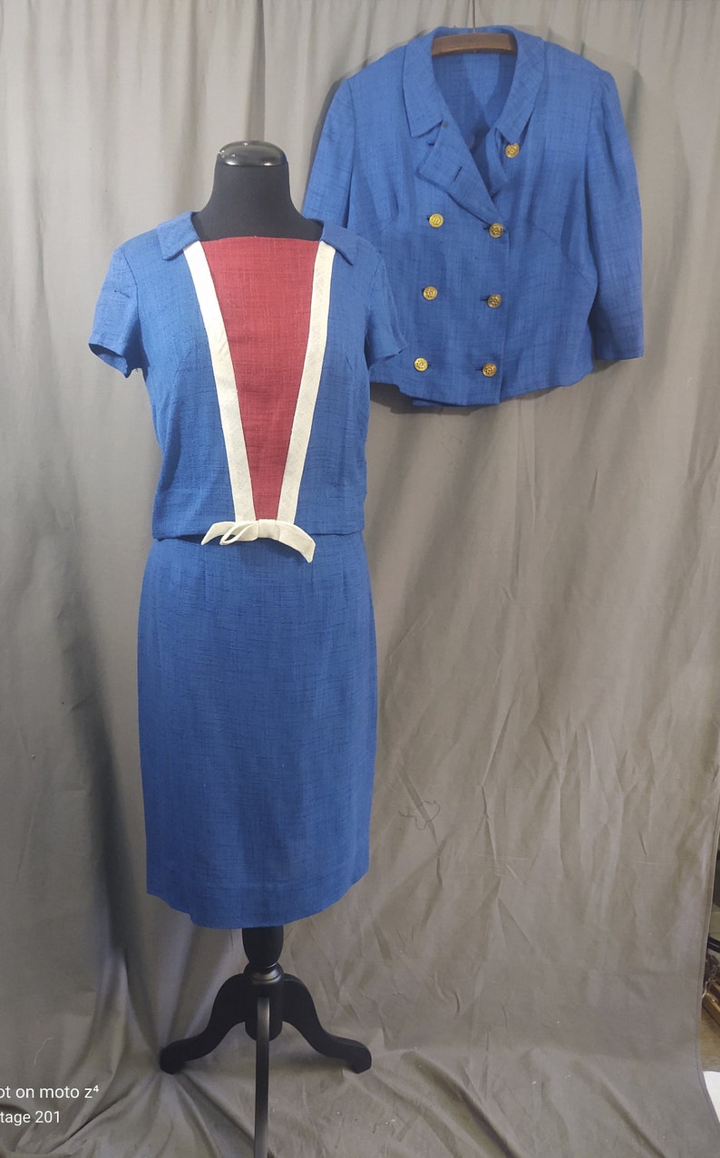 1960s Miller and Levine vintage Blue 3 piece summer suit, skirt, bolero jacket and top in blue, red and white trim with bow. image 8