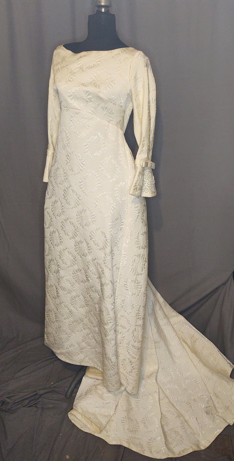 Vintage 1960s Alfred Angelo Ivory Wedding Gown Designed by Edythe Vincent Ivory Damask with Bell Cuffs Pearl embellishments image 1