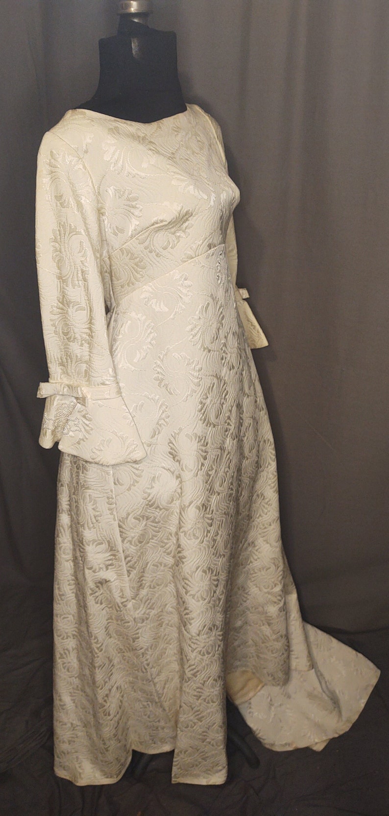 Vintage 1960s Alfred Angelo Ivory Wedding Gown Designed by Edythe Vincent Ivory Damask with Bell Cuffs Pearl embellishments image 3