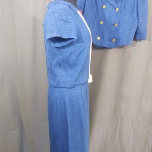 1960s Miller and Levine vintage Blue 3 piece summer suit, skirt, bolero jacket and top in blue, red and white trim with bow. image 3