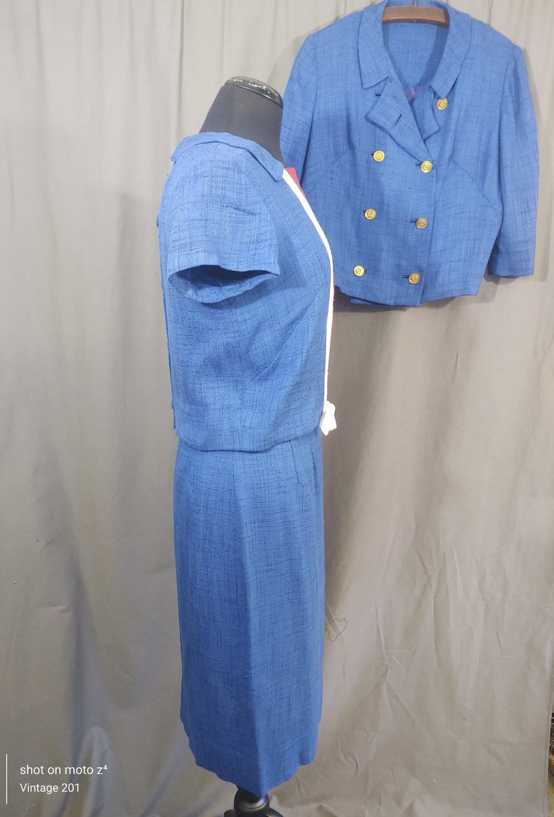 1960s Miller and Levine vintage Blue 3 piece summer suit, skirt, bolero jacket and top in blue, red and white trim with bow. image 3