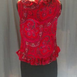 Vintage 1970s sleeveless Wool Knit Paisley top with ruffled collar and Pink Velvet Bow / 70s Wool Tank Top Silk Lined Small / Medium image 8