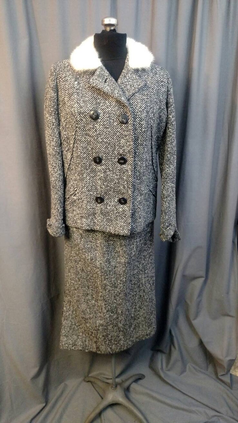 Dan Millstein Wool Tweed Skirt Suit with White Mink Trim Collar image 3