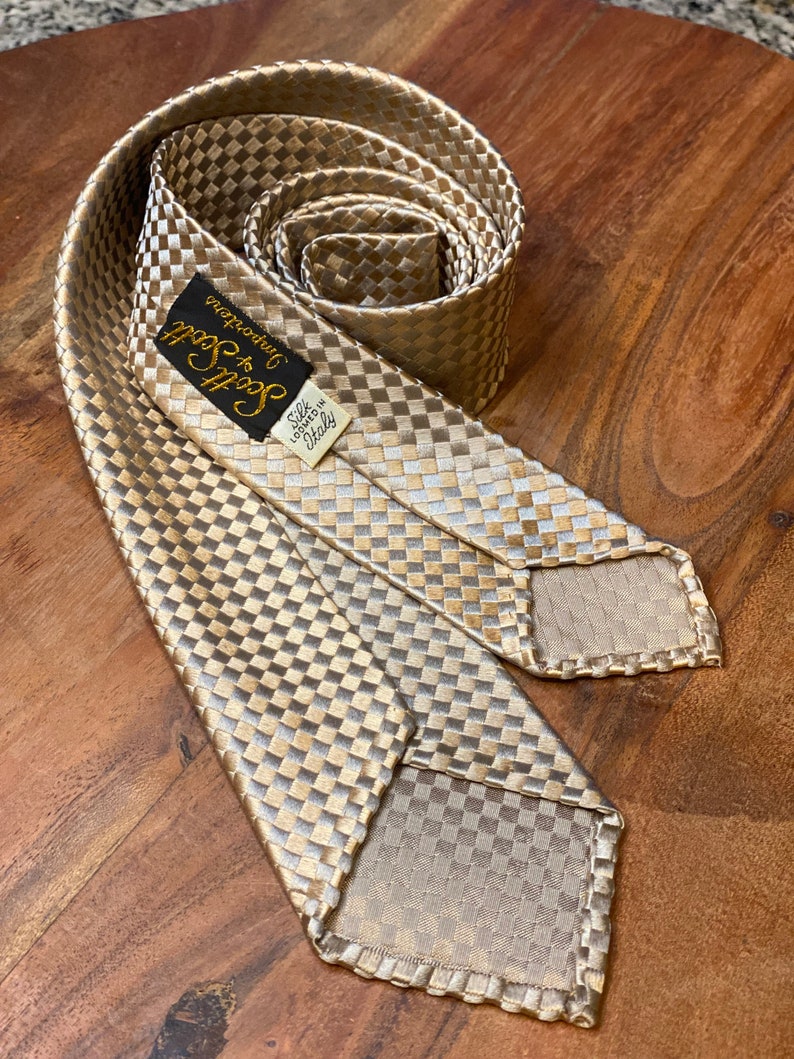 1960s Vintage Silk Tie Gold Jacquard weave by Scott & Scott Loomed in Italy Untipped, 52 inches long Great condition image 9